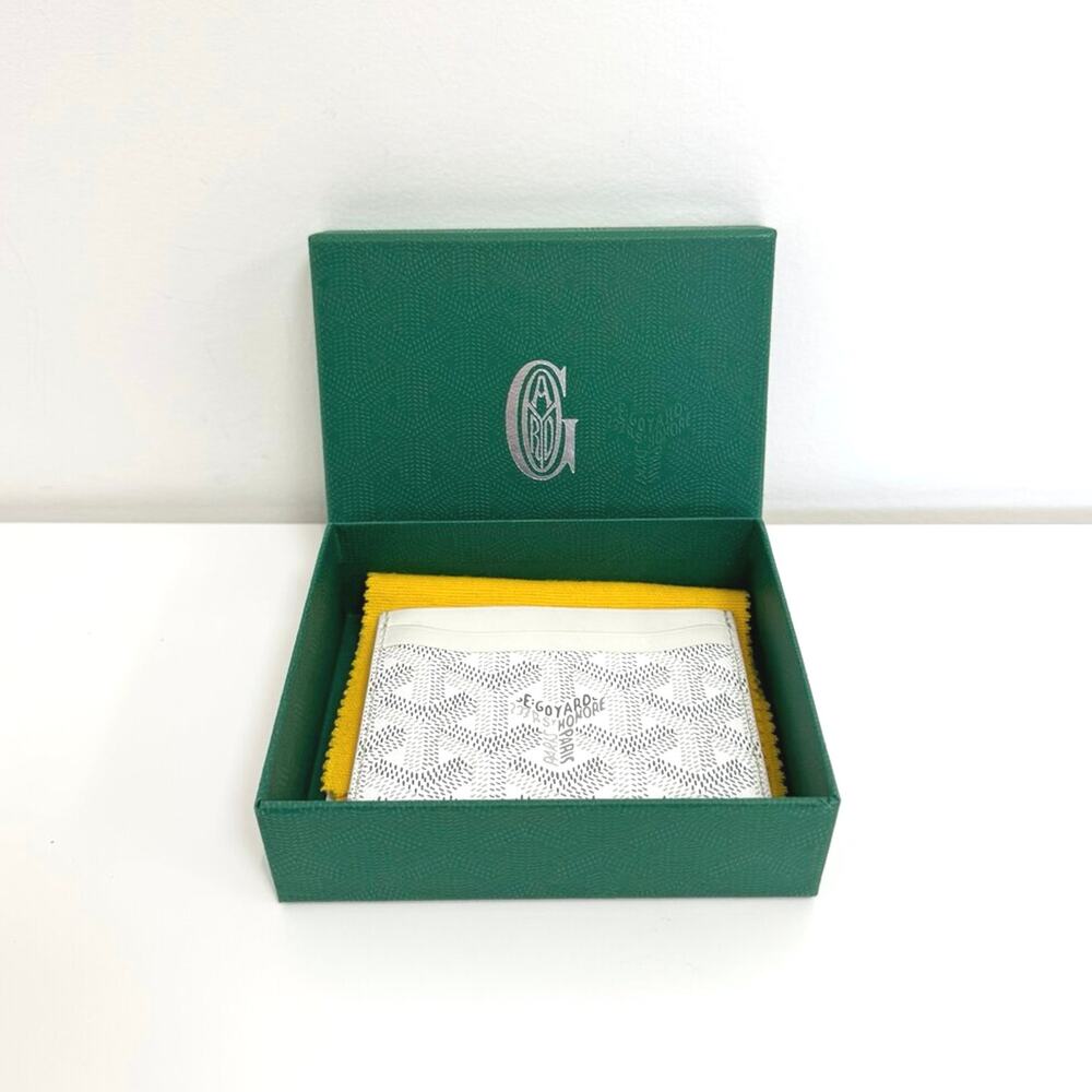 Goyard Saint Sulpice White Goyardine Canvas Card Holder Gray Logo Wallet w/ Box
